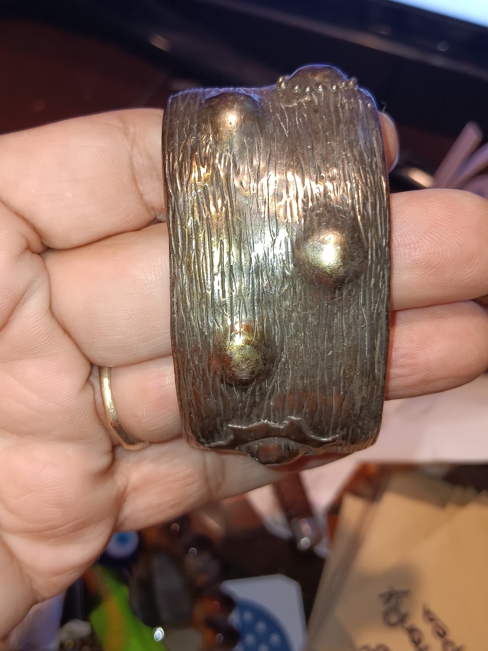 Antique-Style 🍑 Brown Patina Copper Cuff Bracelet - Marked